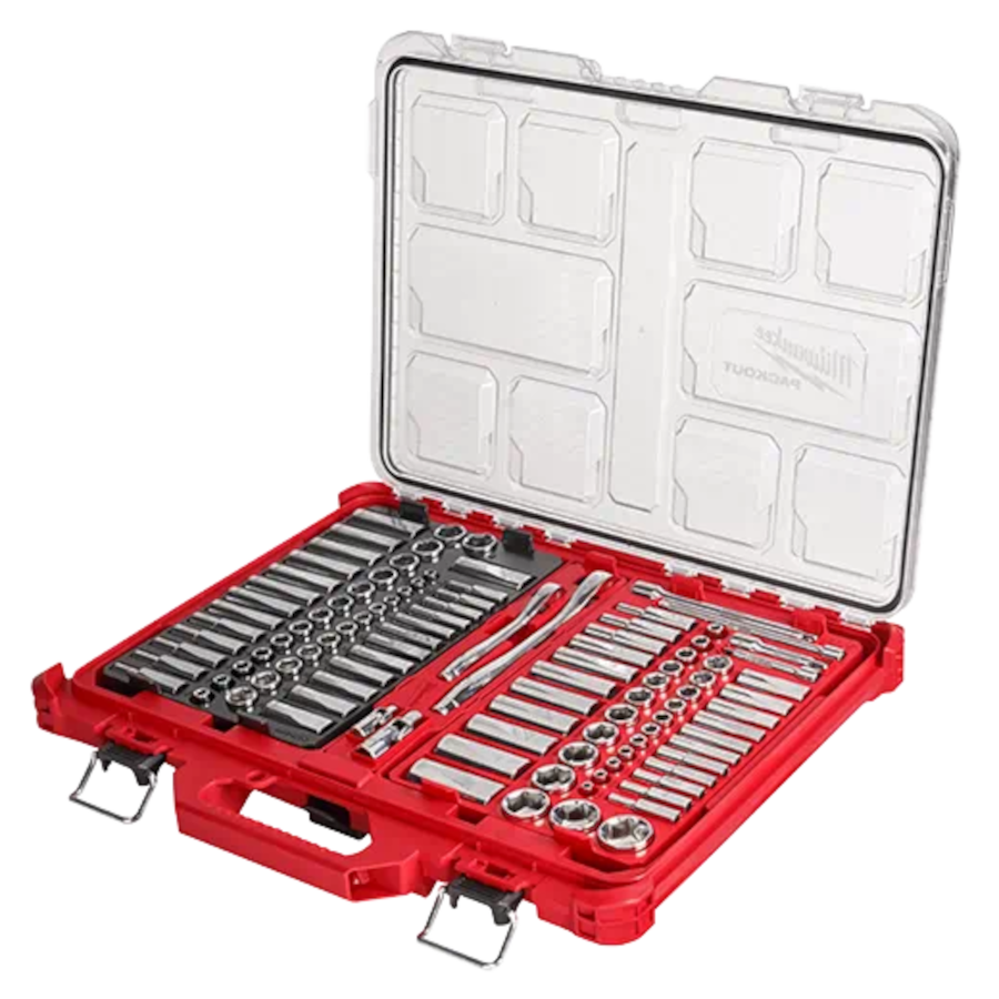 Milwaukee 48-22-9486 1/4″  3/8” Drive 106pc Ratchet  Socket Set with  PACKOUT Low-Profile Organizer – SAE  Metric – Fat Monkey Tools
