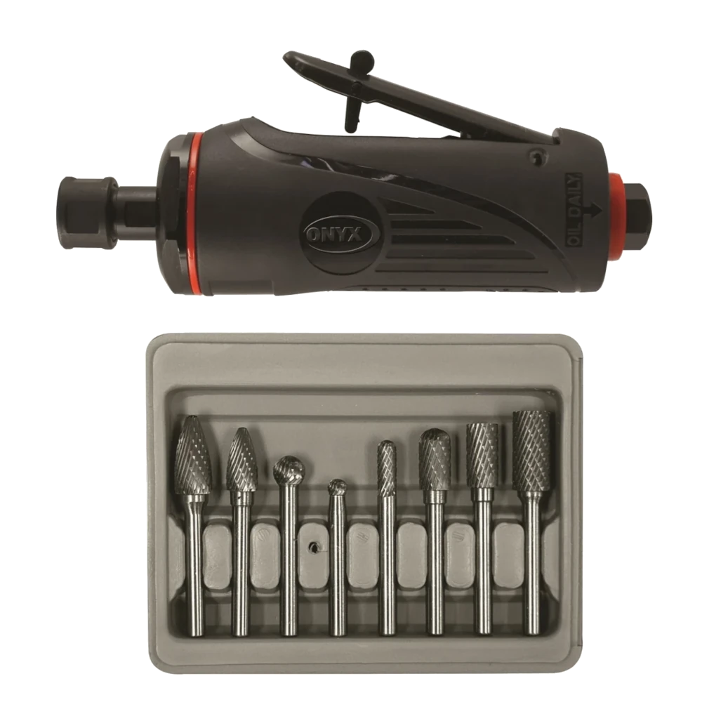 ASTRO ONYX 2pc Die Grinder Kit with 1/4" Medium Die Grinder and 8pc. Double Cut Carbide Rotary Burr Set