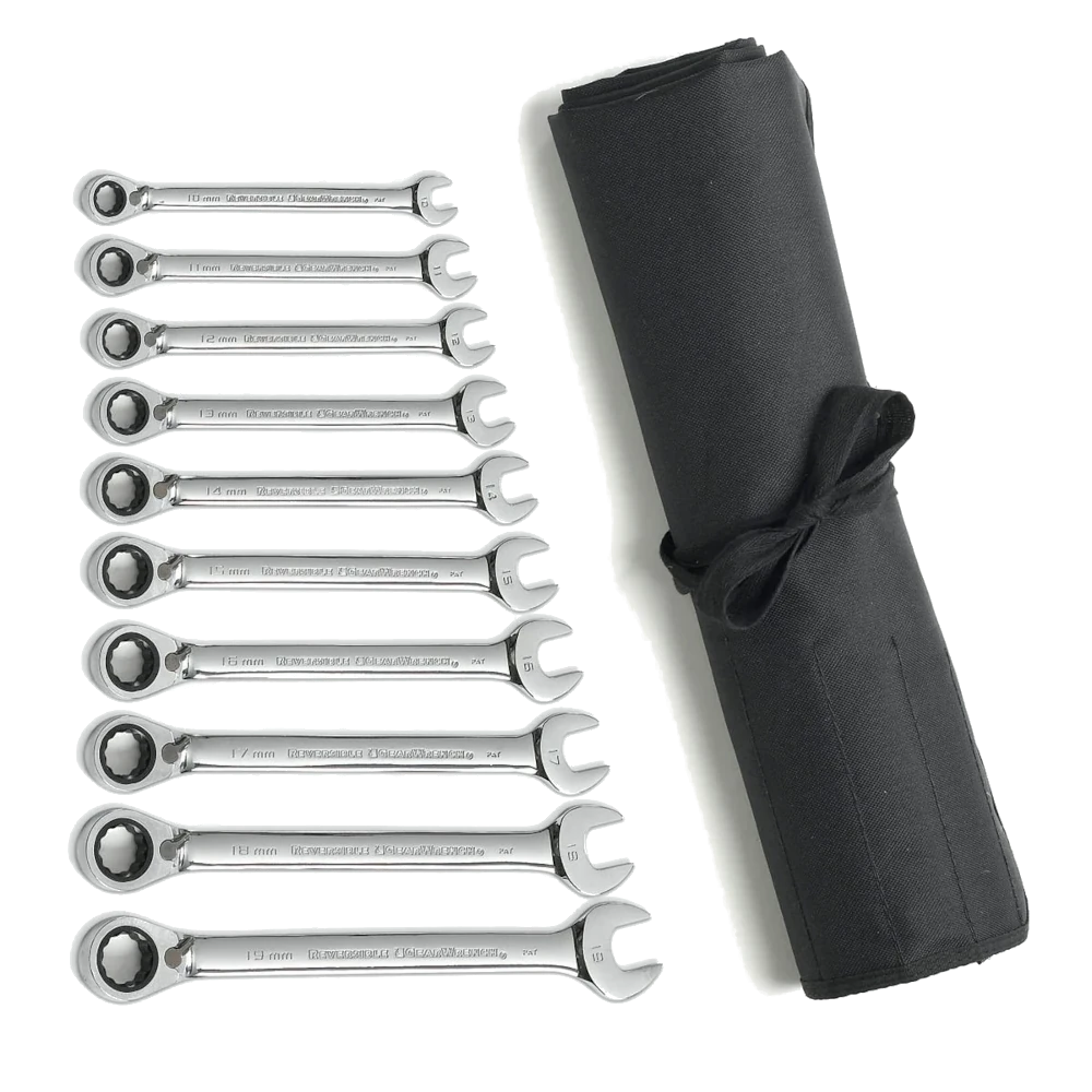 GEARWRENCH 10 Pc. 12 Point Reversible Ratcheting Combination Metric Wrench Set with Tool Roll
