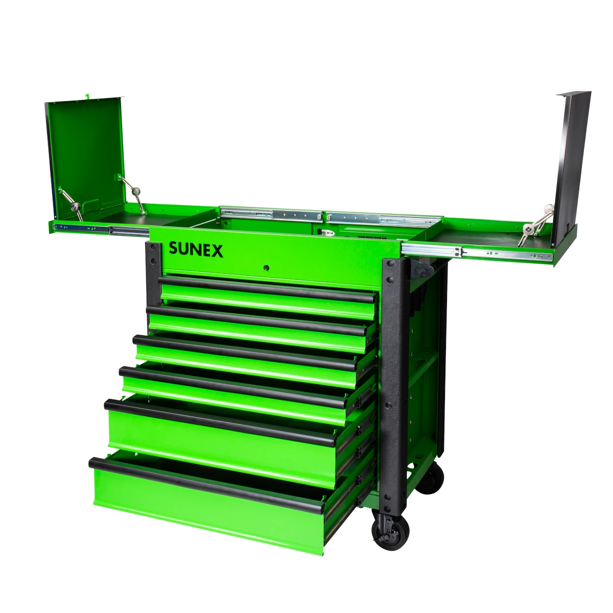 SUNEX 8035XT 6-Drawer Slide Top Service Cart with Power Strip - Lime Green