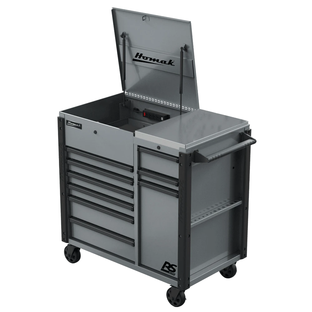 Homak 44″ RS Pro 9 Drawer Flip Top Power Service Cart w/ Workstation